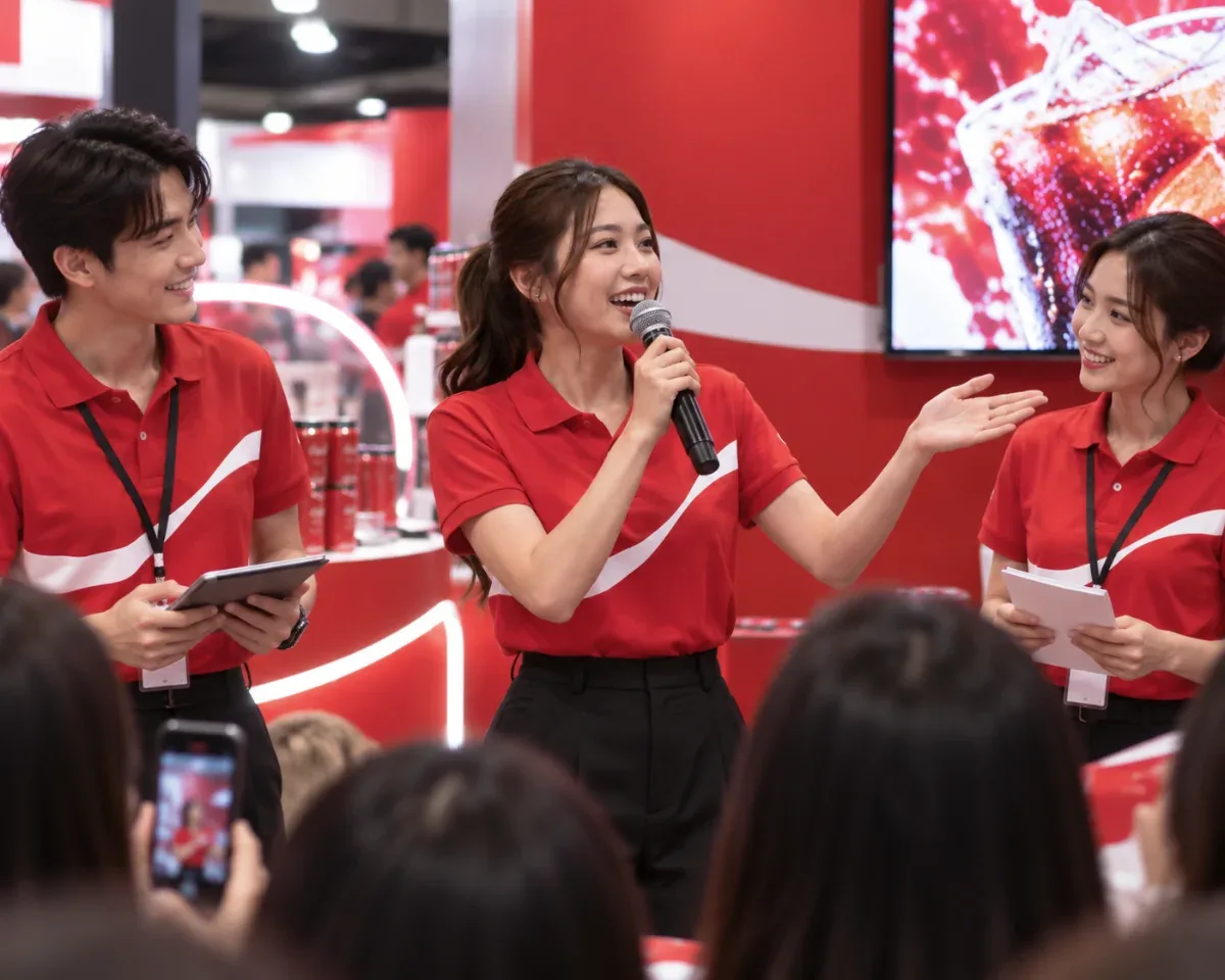 Event team in red polo shirts speaking into a microphone at a sales promotion booth