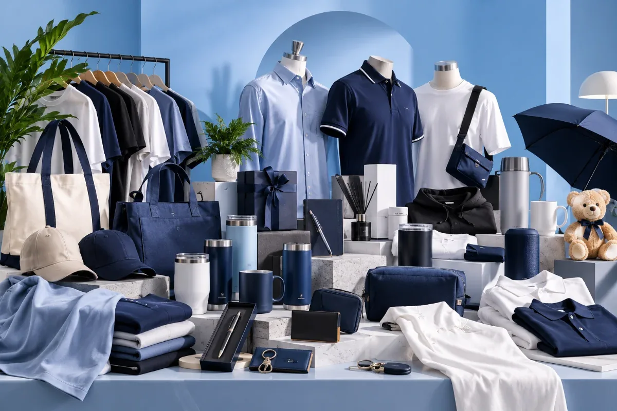 Custom corporate products: polo shirts, T-shirts, tote bags, caps, tumblers and premium gifts in navy and light blue