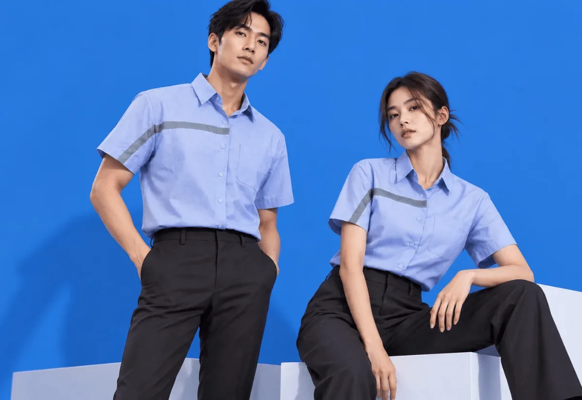 Man and woman wearing light-blue short-sleeve uniform shirts with grey stripes and black trousers