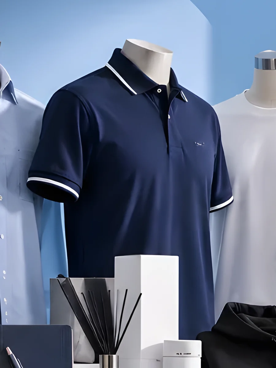 เสื้อโปโลสีกรมขลิบปกและแขนสีขาว บนหุ่นโชว์