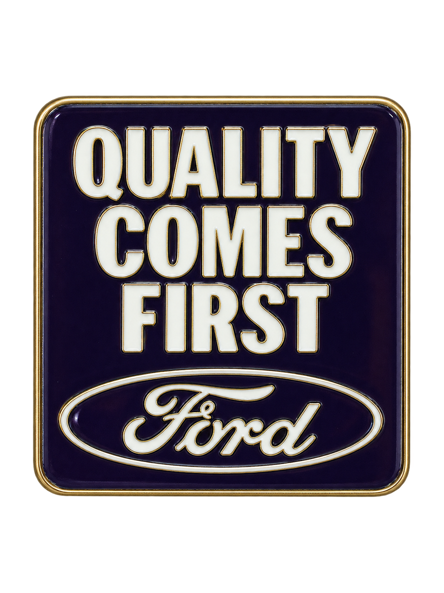 ป้ายข้อความ Quality Comes First พร้อมโลโก้ Ford พื้นหลังโปร่งใส