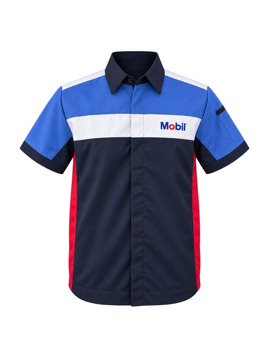 เสื้อช่างสีน้ำเงินขาวกรมและแดง ปักโลโก้ Mobil พื้นหลังโปร่งใส